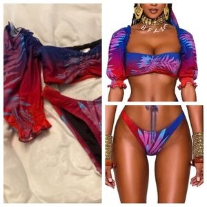 New! BFyne Tropical floral puff sleeve Red Blue Bikini Set 3473